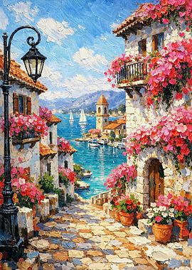 Mediterranean Coastal Village with Flowers and Seaview