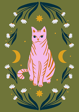 Pink lunar Cat with Floral Border