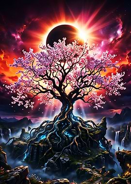Enchanted Cherry Blossom Tree Under Eclipse