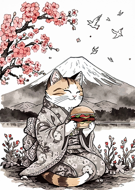 Cat in Kimono with Burger and Mt. Fuji