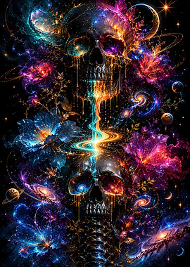 Cosmic Skull with Galaxy Flowers