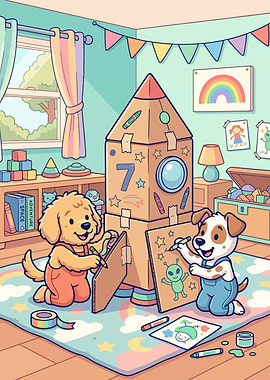 Dogs building a cardboard rocket