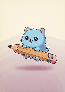 Cute Blue Cat Riding a Pencil