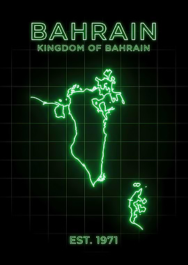 Neon Bahrain Map on Retro Futuristic Grid Background- Middle East