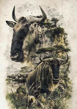 Wildebeest Landscape Double Exposure
