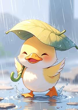 Cute duckling with leaf umbrella in rain