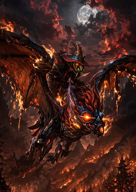 Goblin Riding a Fiery Griffin