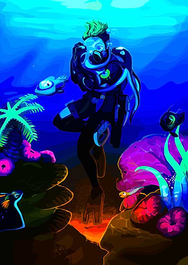 Scuba Diver in Neon Underwater World