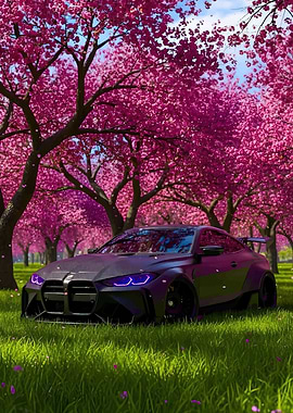 Tuned Car Among Cherry Blossoms