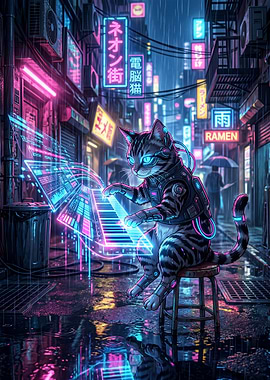 Cyberpunk Cat Playing Holographic Piano
