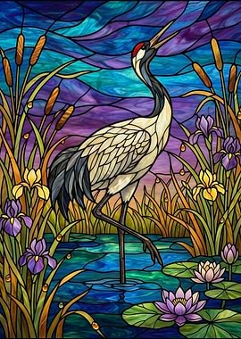 Stained Glass Crane in Water Lilies