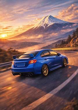 Blue Subaru WRX Driving Towards Mount Fuji