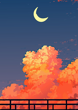 Anime night sky with clouds and moon