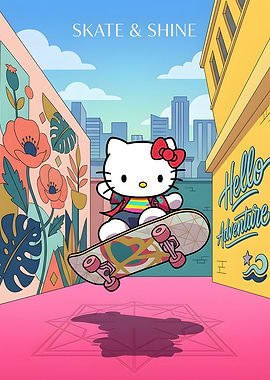 Hello Kitty Skateboarding in City