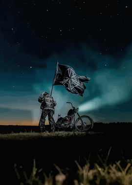 Biker with Flag and Motorcycle at Night