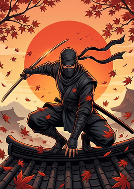 Ninja Crouching on Rooftop with Swords