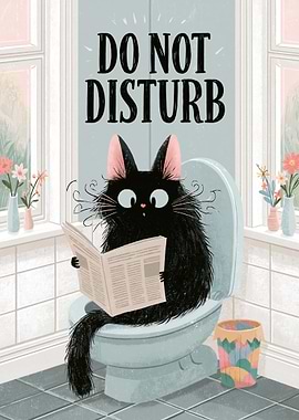 Black Cat Reading Newspaper on Toilet
