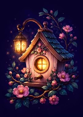 Enchanted Birdhouse with Lantern and Flowers