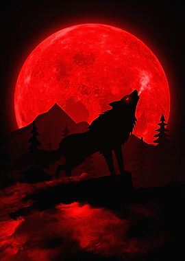 Wolf howling at red moon
