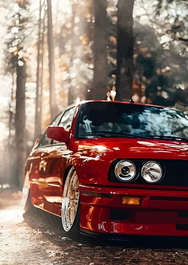 Red BMW E30 M3 in Forest