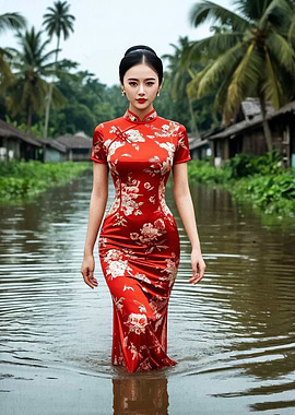 Woman in Red Cheongsam Walking in Water