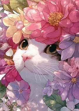 Cat Surrounded by Flowers