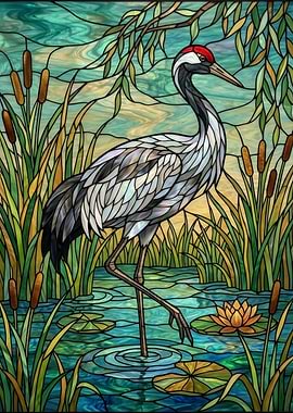 Stained Glass Crane in Water