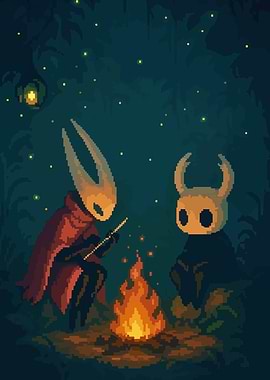 Hollow Knight characters by campfire
