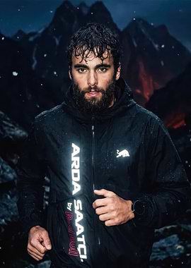 Athlete running in a stormy mountain landscape