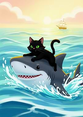 Cat riding a shark at sunset