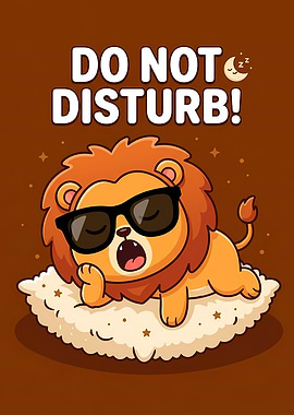 Cute cartoon lion sleeping on cloud with sunglasses and 'Do Not Disturb'