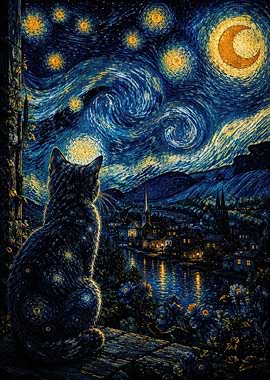 Cat gazing at starry night sky over town