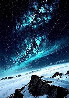Cosmic Landscape with Aurora and Mountains
