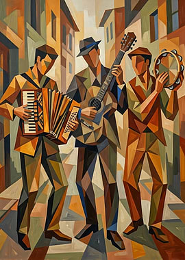 Cubist Musicians Playing Instruments