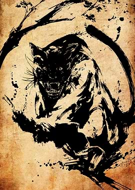 Aggressive Black Panther Ink Painting