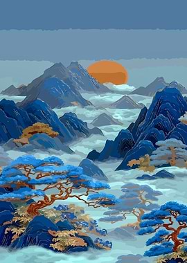 Misty Mountain Landscape with Sun