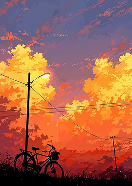 Anime Sunset with Bicycle and Lamp Post