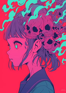 Anime Girl with Skulls and Smoke