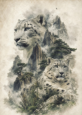 Snow Leopards in Misty Mountains