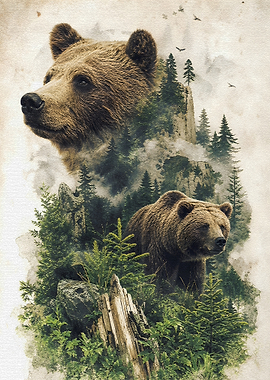 Double Exposure Bears in Forest