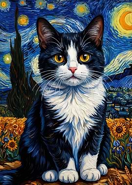 Tuxedo Cat in Starry Night