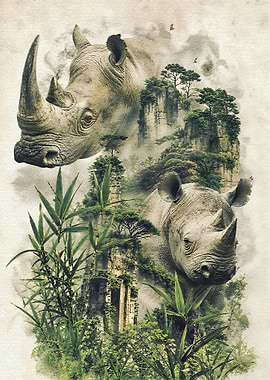 Rhinos in a Misty Jungle Landscape