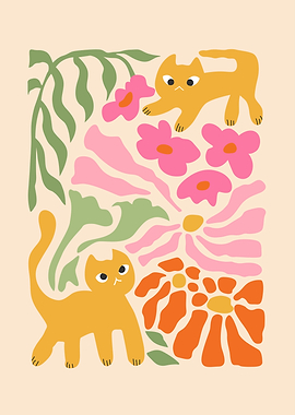 Cute Cats and Flowers Illustration