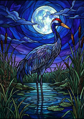 Stained Glass Crane by Moonlight