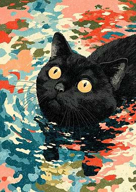 Black Cat with Big Yellow Eyes in Water