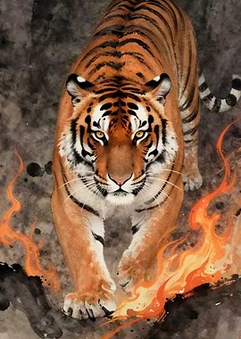 Tiger Walking Through Fire