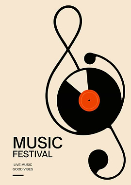 Minimalist Music Festival Poster – Abstract Treble Clef Vinyl Record Wall Art