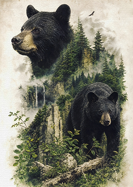 Black Bears in Misty Forest Ruins