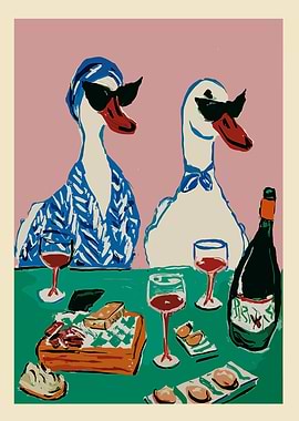 Ducks Enjoying Wine and Charcuterie