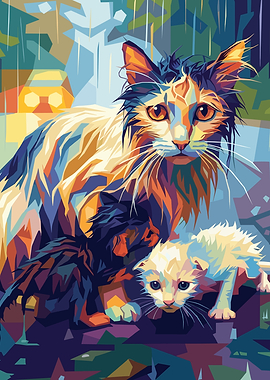 Mother cat and kittens in the rain